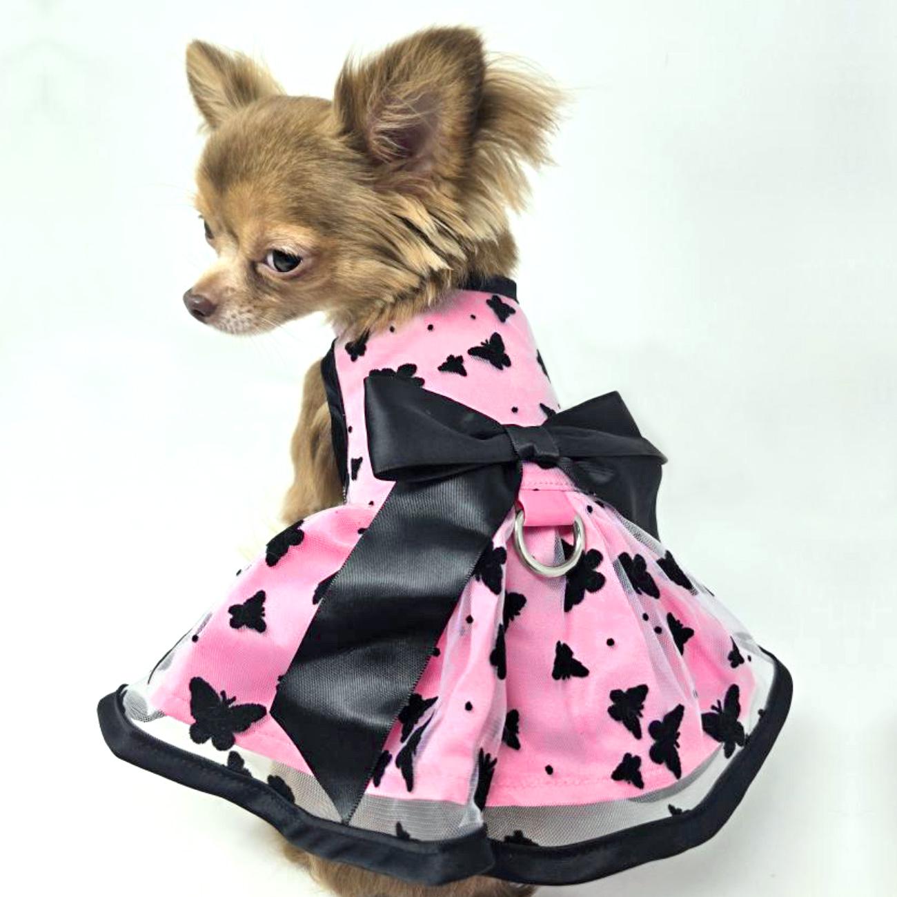 All A-Flutter Pink & Black Dog Dress With Leash