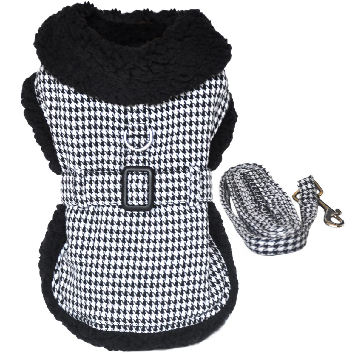 Black & White Houndstooth Dog Harness Coat with Leash