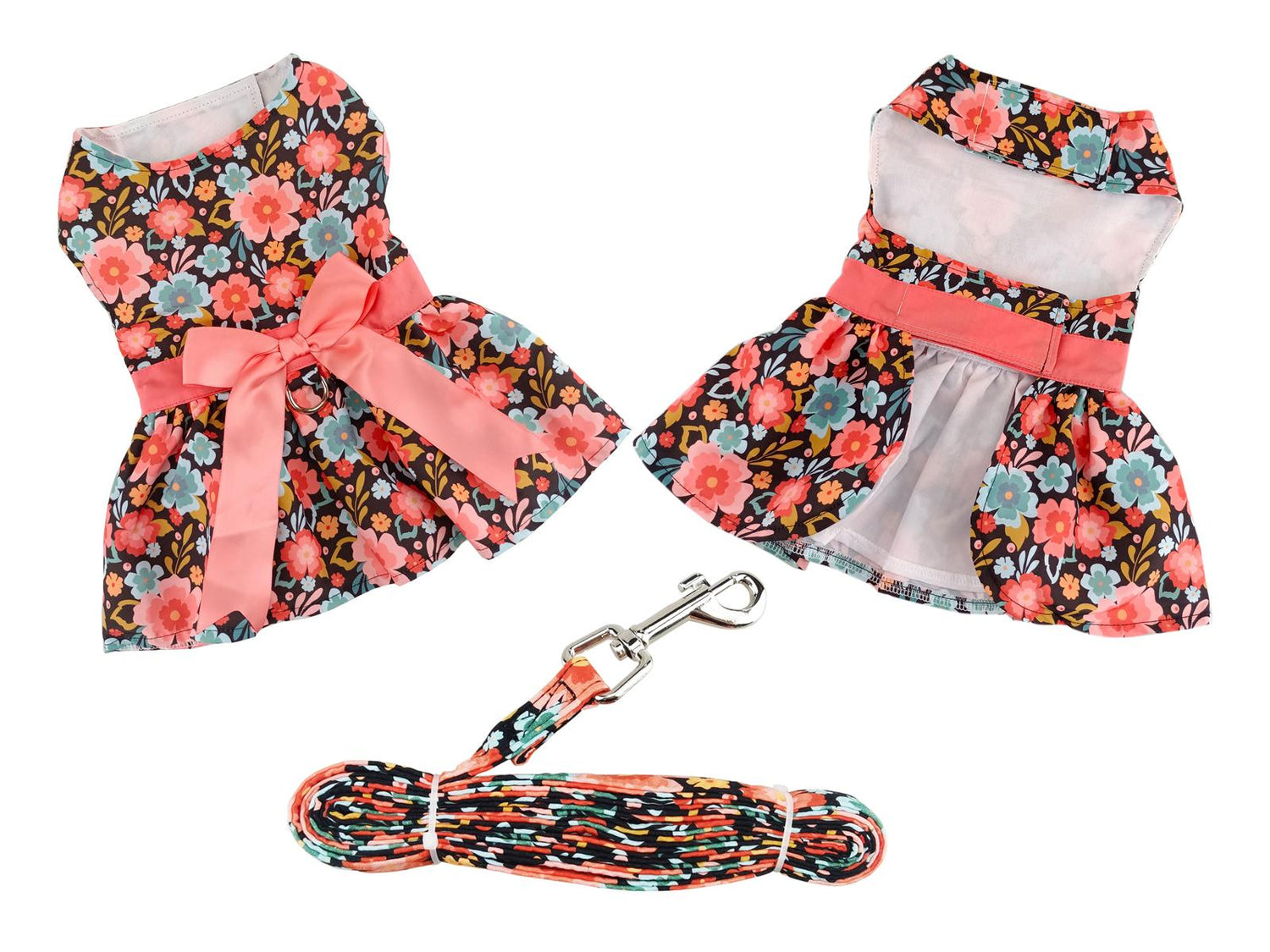 Blue and Peach Floral Dog Dress With Matching Leash