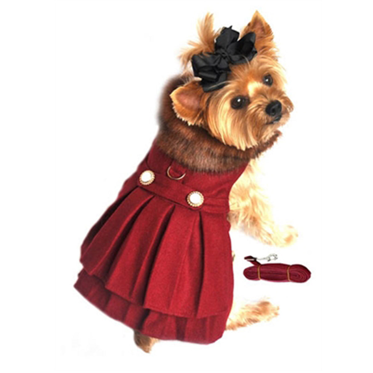 Burgundy Wool Fur-Trimmed Dog Harness Coat with Leash