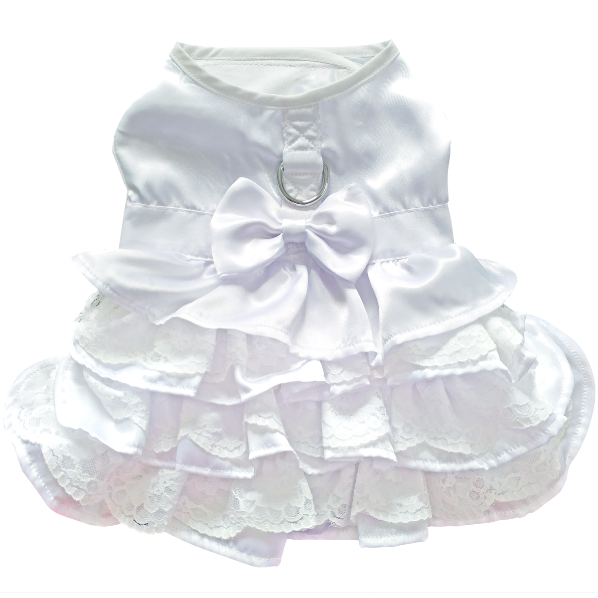 White Satin & Lace Dog Wedding Dress with Veil & Leash