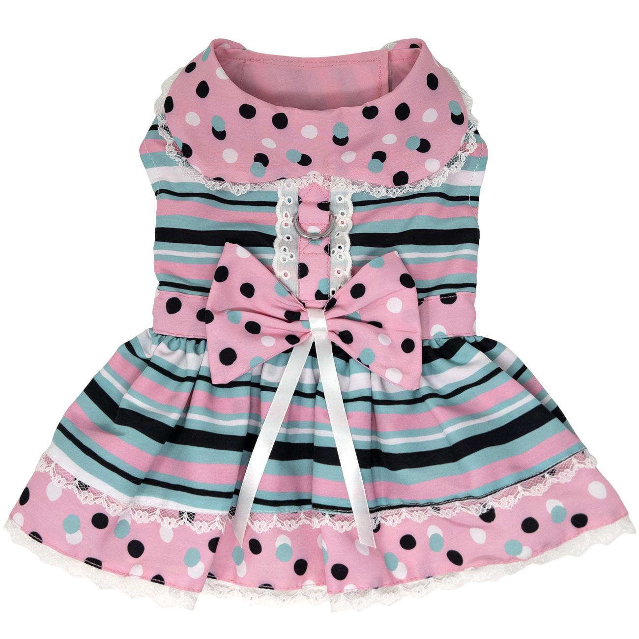 Pink & Teal Dots and Stripes Dog Harness Dress
