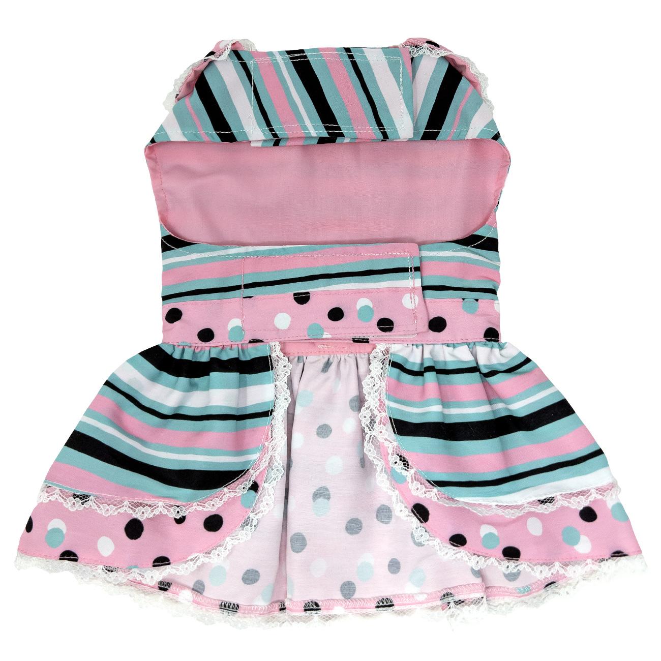 Pink & Teal Dots and Stripes Dog Harness Dress