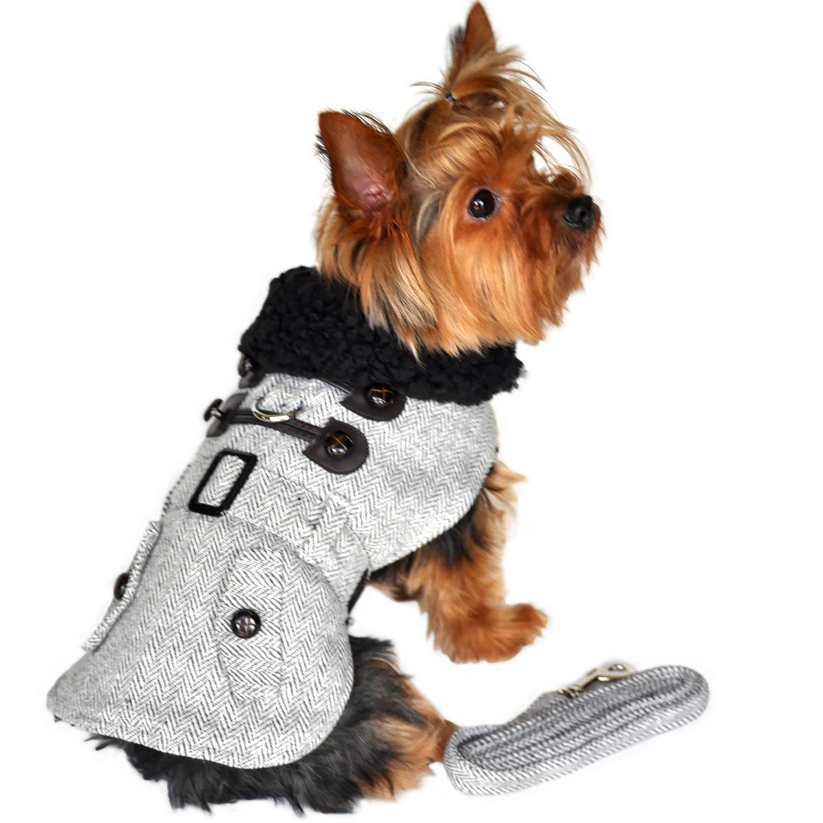 Grey Herringbone Dog Harness Coat with Leash