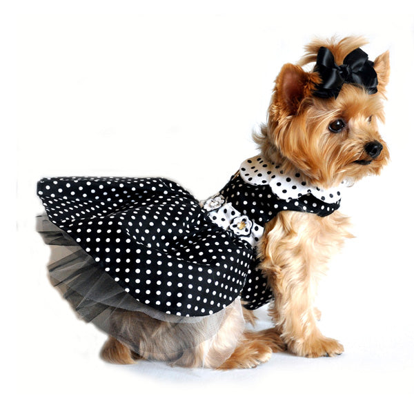 Black & White Polka Dot Dog Dress with Leash