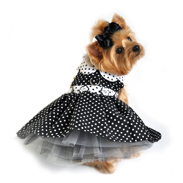 Black & White Polka Dot Dog Dress with Leash