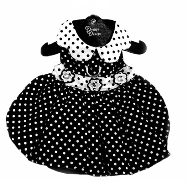 Black & White Polka Dot Dog Dress with Leash