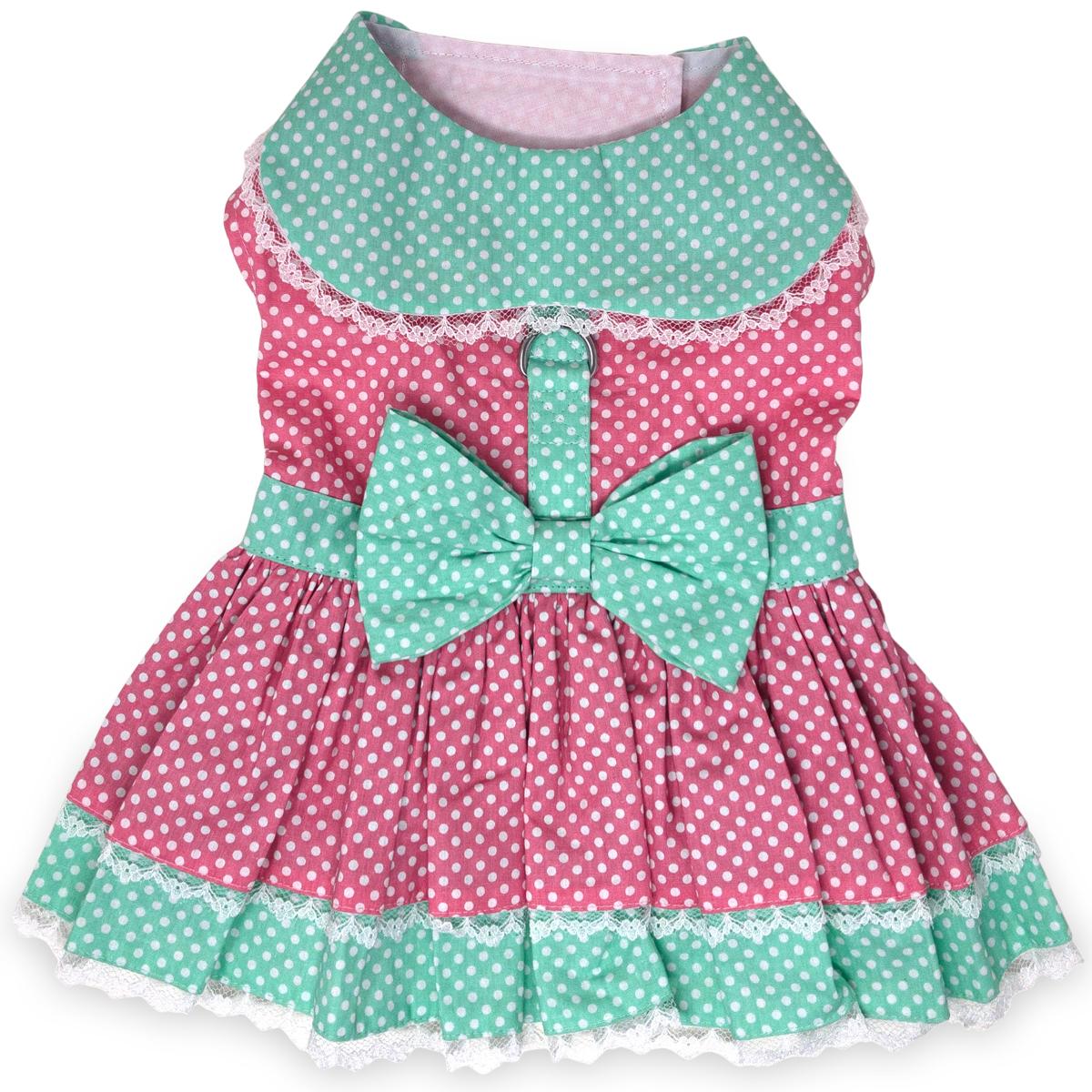 Pink & Teal Polka Dot Dog Dress with Matching Leash