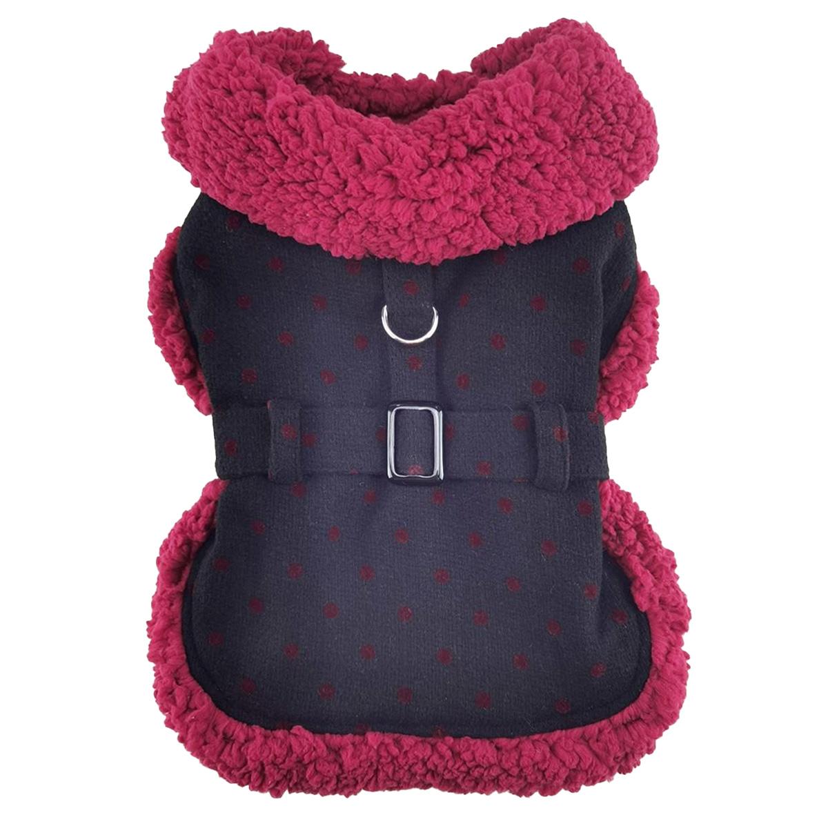 Black & Burgundy Dots Sherpa-Lined Dog Harness Coat