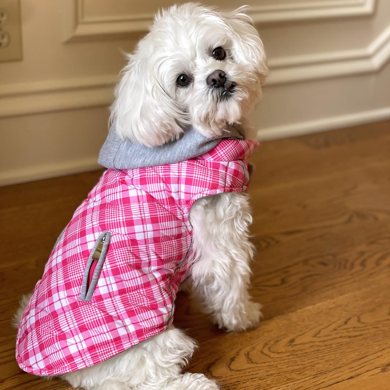 Pink & White Plaid Dog Quilted Hoodie