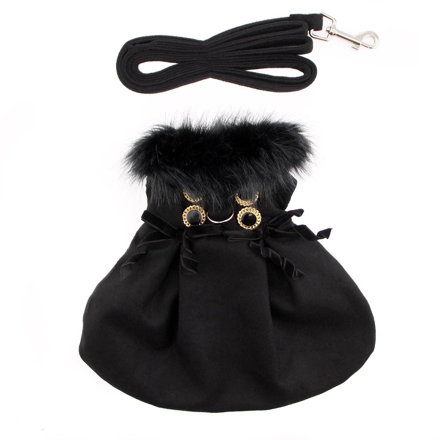 Black Wool Fur-Trimmed Dog Harness Coat With Leash