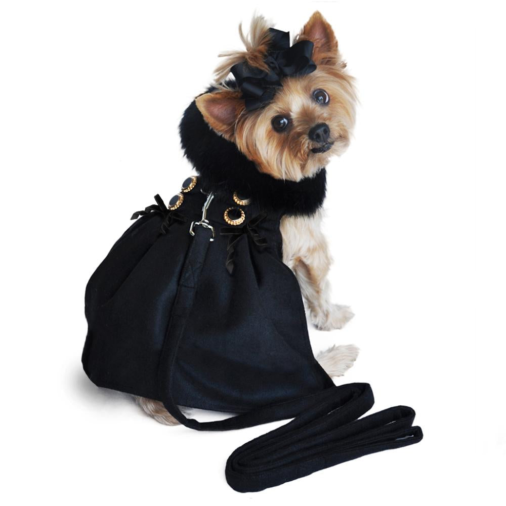 Black Wool Fur-Trimmed Dog Harness Coat With Leash