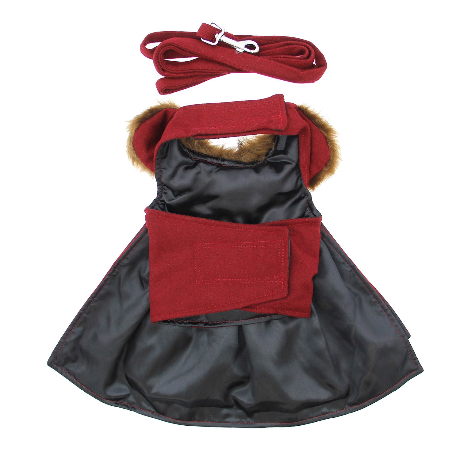 Burgundy Wool Fur-Trimmed Dog Harness Coat with Leash