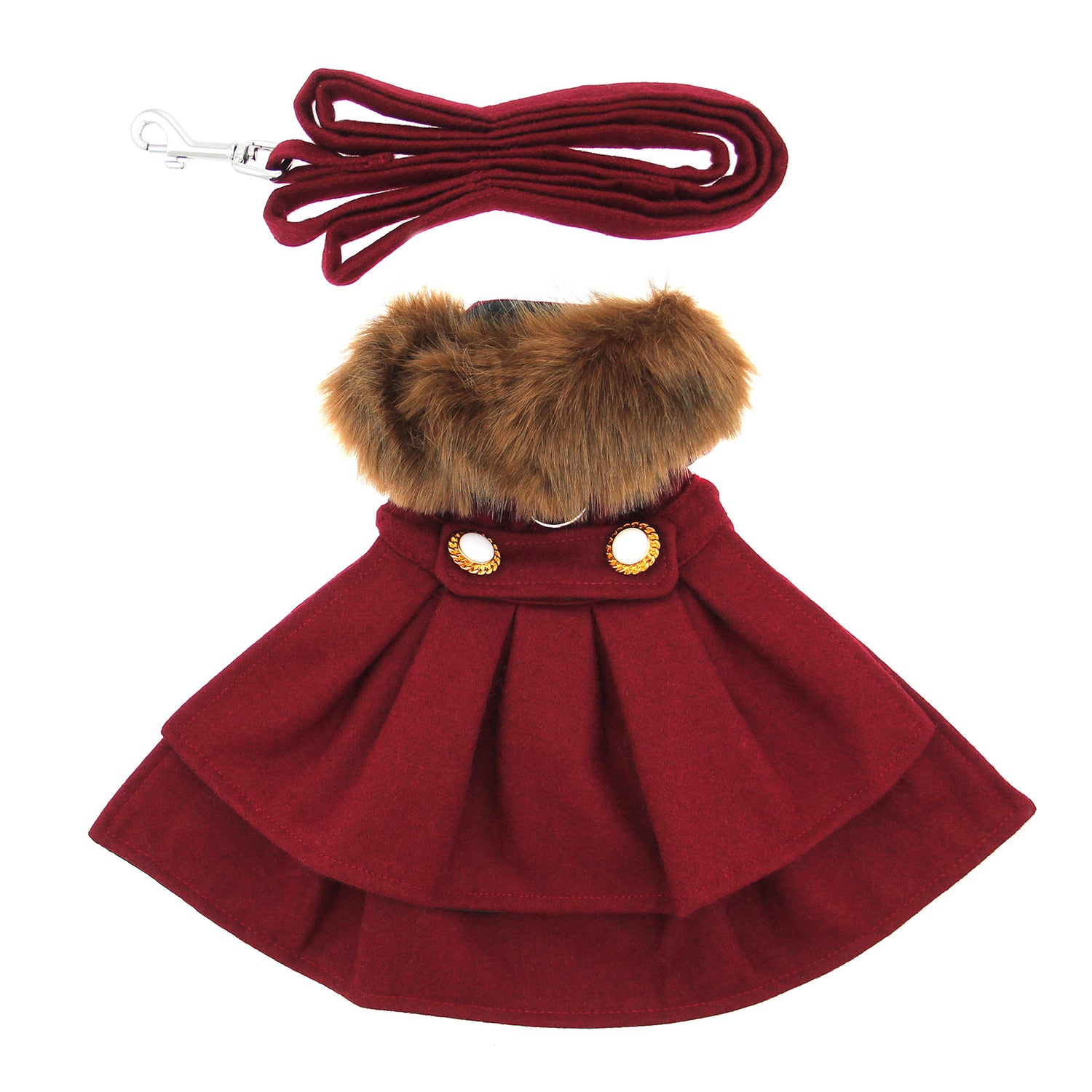 Burgundy Wool Fur-Trimmed Dog Harness Coat with Leash