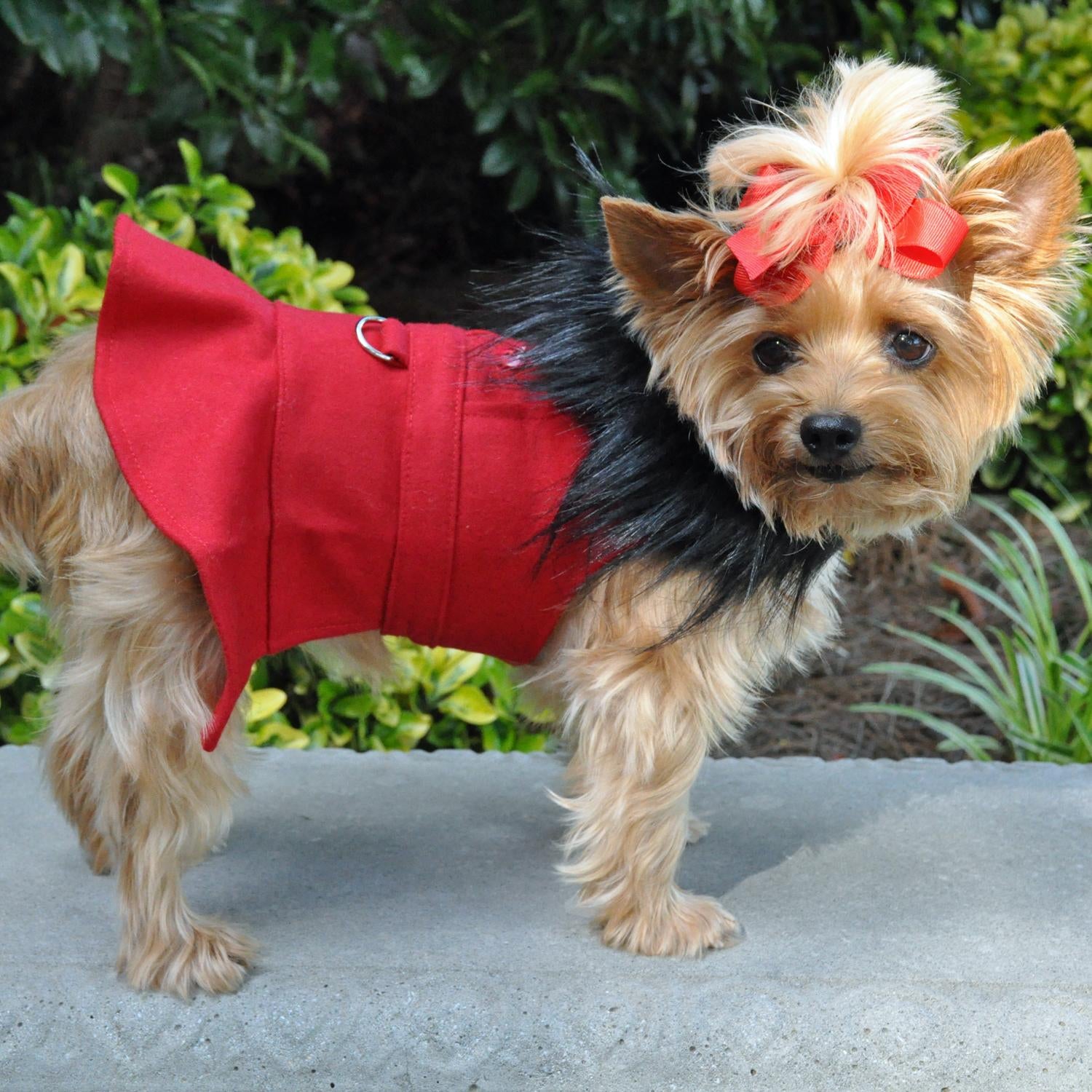 Red Wool Fur-Trimmed Dog Harness Coat